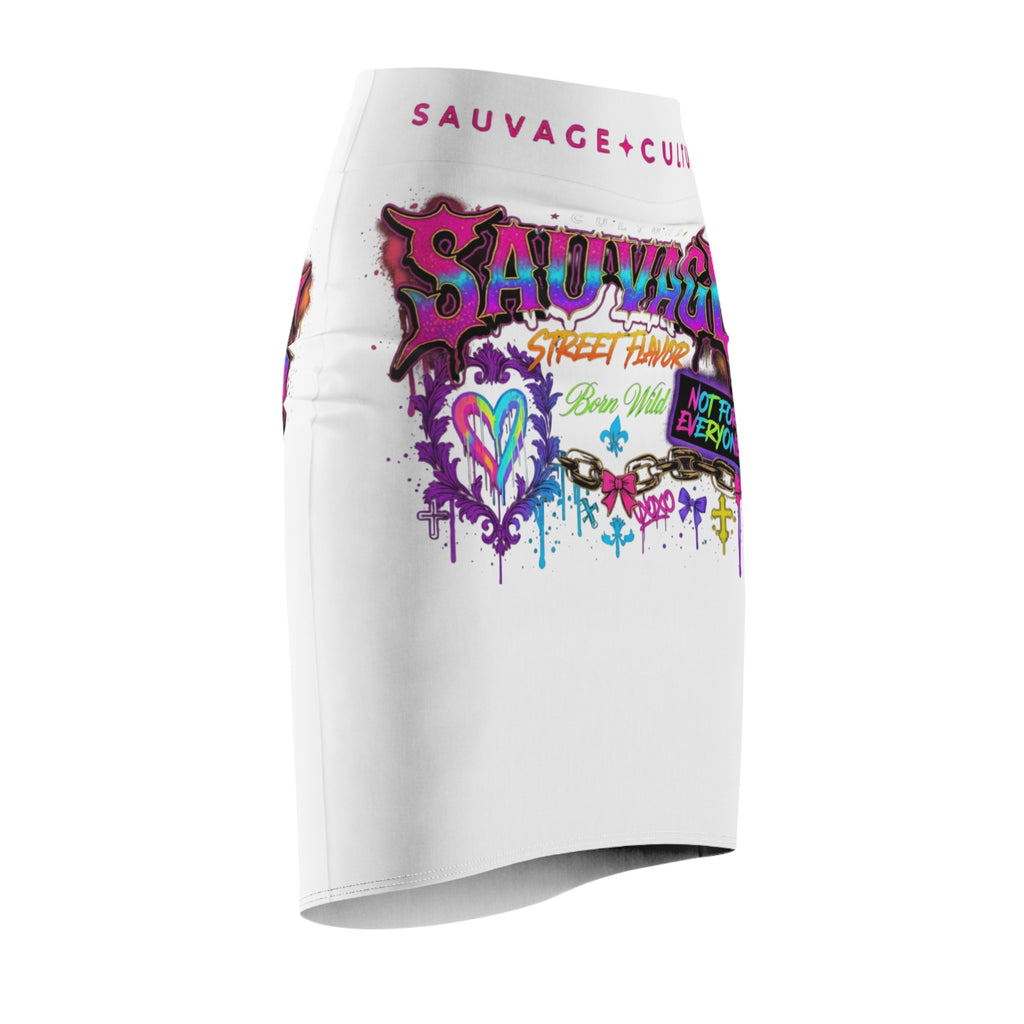 Sauvage Graffiti Pencil Skirt — 'Sauvage Street Flavor' White AOP