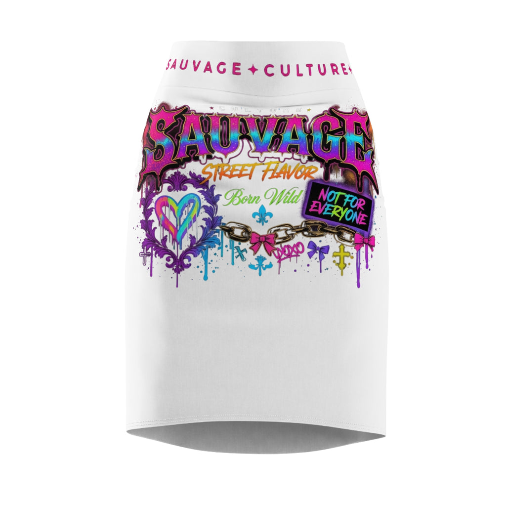 Sauvage Graffiti Pencil Skirt — 'Sauvage Street Flavor' White AOP