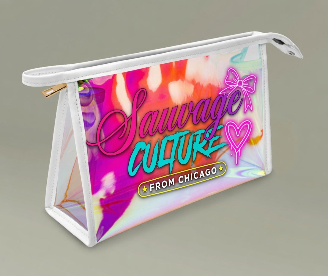 Holographic Makeup Bag — "Sauvage Culture" Cosmetic Pouch with Heart & Bow