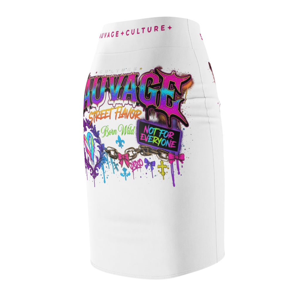 Sauvage Graffiti Pencil Skirt — 'Sauvage Street Flavor' White AOP